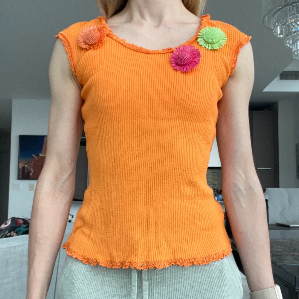 Escada Orange Sleeveless Top with Floral Accents, size 40/XS-S, NWOT